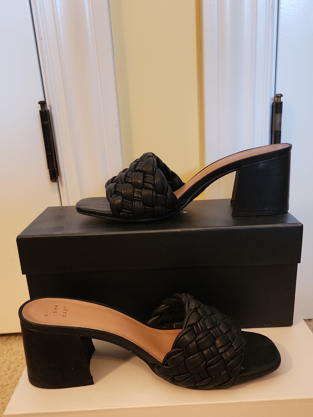 Braided Black Block Heel Slip-On Mules